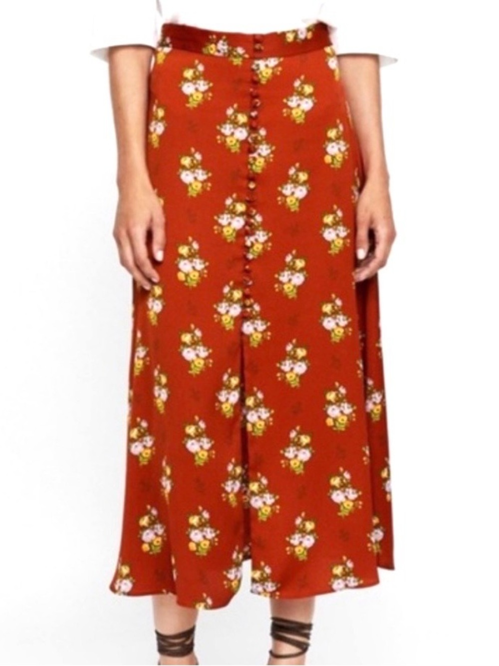 Zara Floral Midi Skirt Button Front Slit A-Line Size XL
